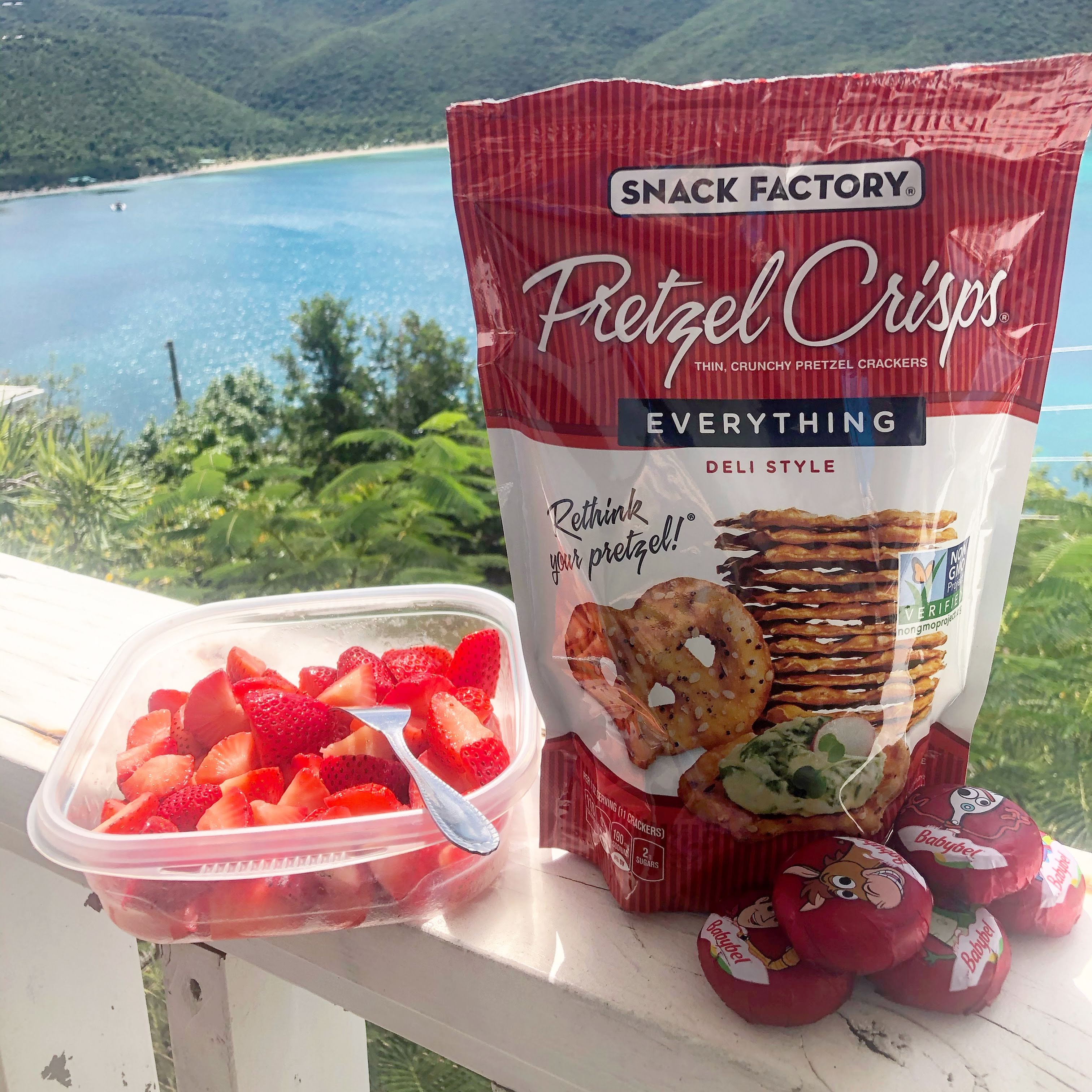 Healthy Beach Snacks: Sliced Strawberries, Mini Wrapped Cheese, and Everything Pretzel Crisps